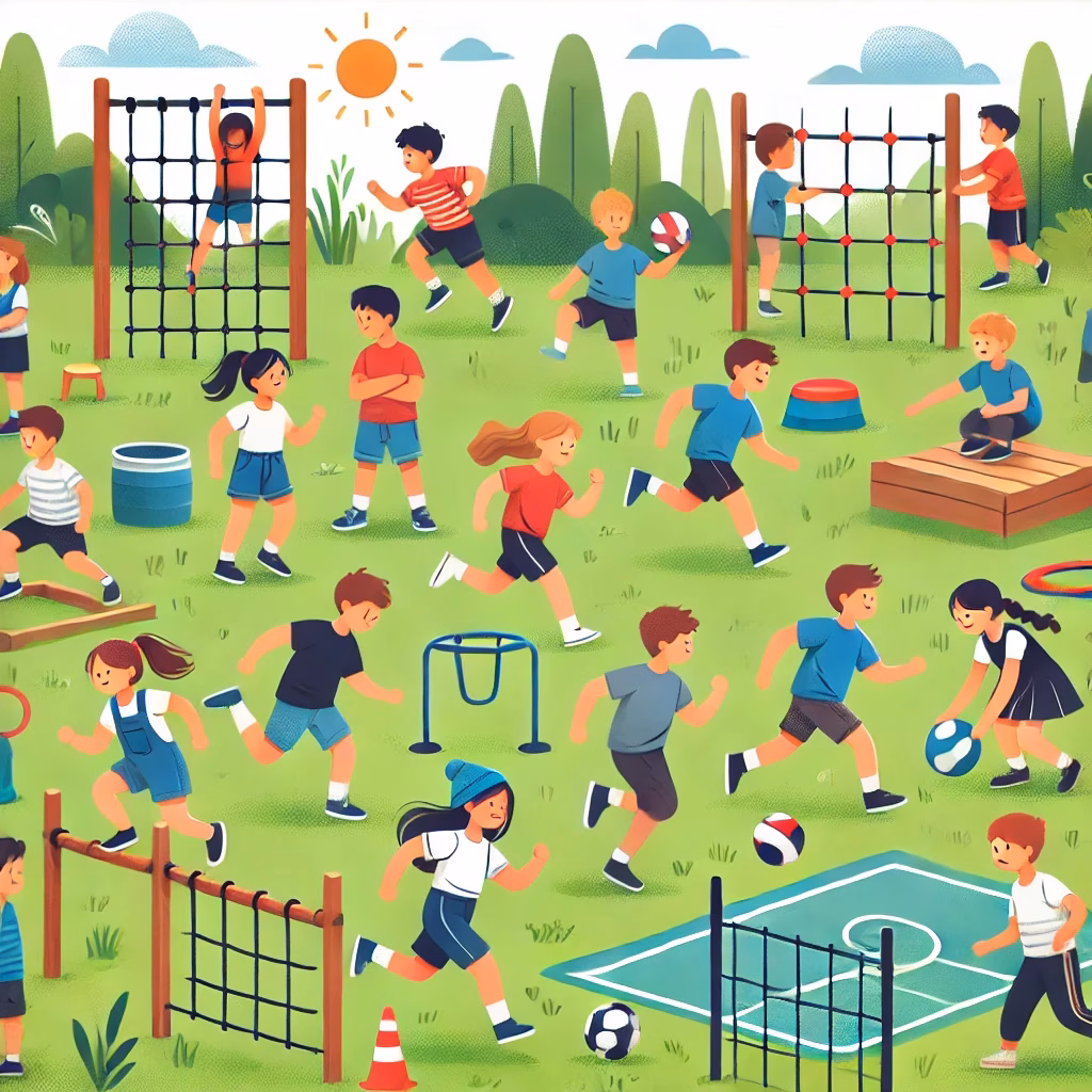 Eine Gruppe von Kindern, die im Freien Bewegungsspiele spielen, darunter Ballspiele und Hindernisläufe, in einem lebhaften Park mit grünem Gras und Bäumen im Hintergrund.