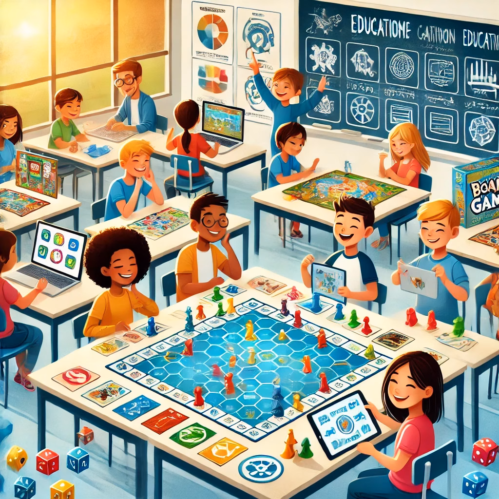 Gesellschaftsspiele: Illustration von Kindern unterschiedlicher Herkunft, die in einem Klassenzimmer verschiedene Gesellschaftsspiele spielen. Die Szene zeigt bunte Spielbretter, Karten und digitale Geräte, die die Integration von Technologie in das Lernen darstellen.