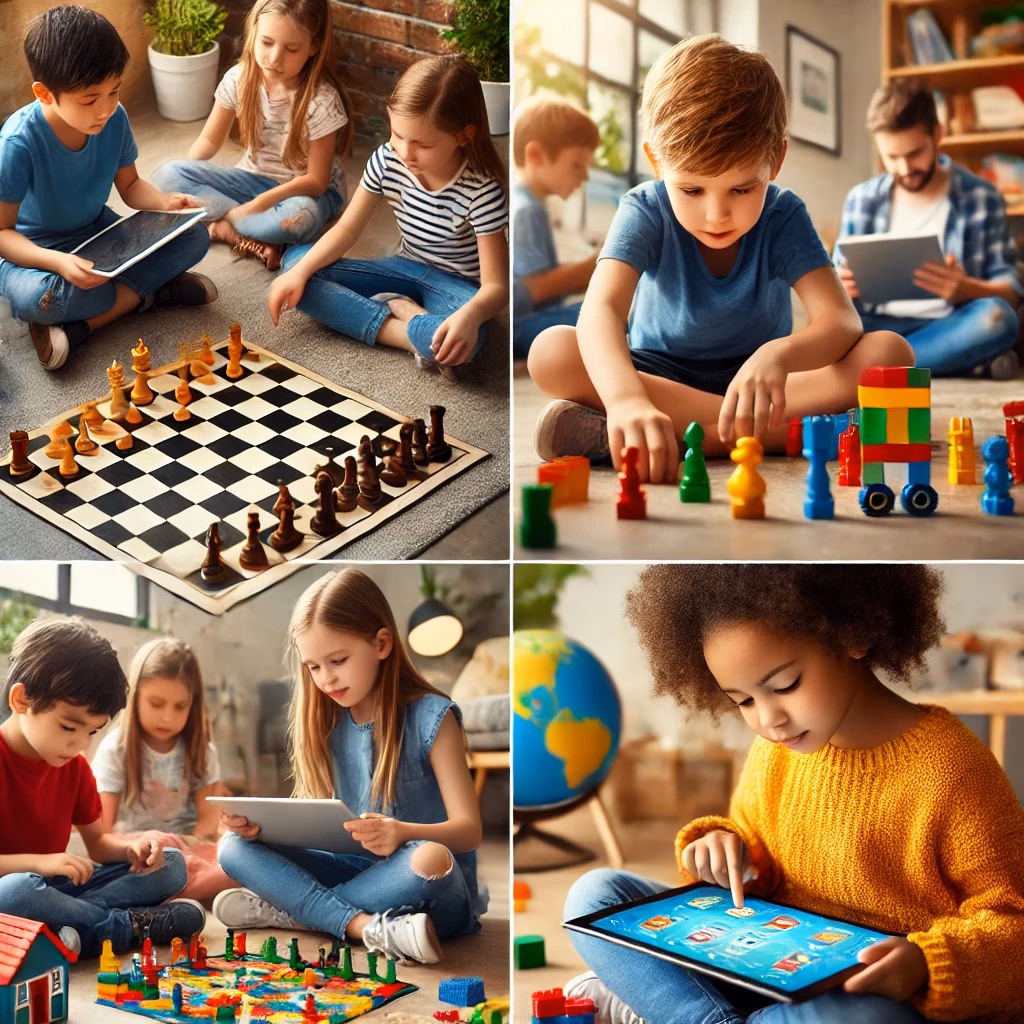 Eine diverse Gruppe von Kindern spielt unterschiedliche Spiele, die Problemlösungsfähigkeiten fördern. Eine Gruppe spielt ein Brettspiel, eine andere baut mit LEGO-Steinen, während ein drittes Kind auf einem Tablet ein digitales Spiel spielt. Die Szene findet in einer farbenfrohen, gut organisierten Lernumgebung statt.