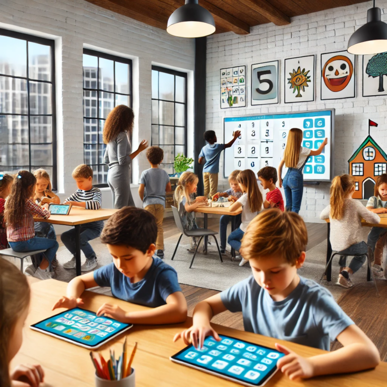 Kinder in einem modernen Klassenzimmer, die an verschiedenen Lernspielen teilnehmen, darunter Mathe-Quizspiele auf Tablets, ein Wortpuzzle an der Tafel und ein kooperatives Bewegungsspiel unter der Anleitung eines Lehrers.