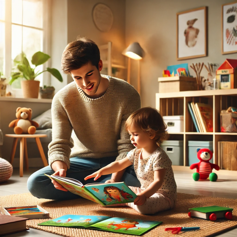 Elternteil liest einem Kind ein buntes Bilderbuch in einem gemütlichen Wohnzimmer vor. Das Kind zeigt begeistert auf die Buchseite. Im Hintergrund sind Bastelmaterialien und Spielzeug zu sehen, die eine kreative Lernumgebung betonen.