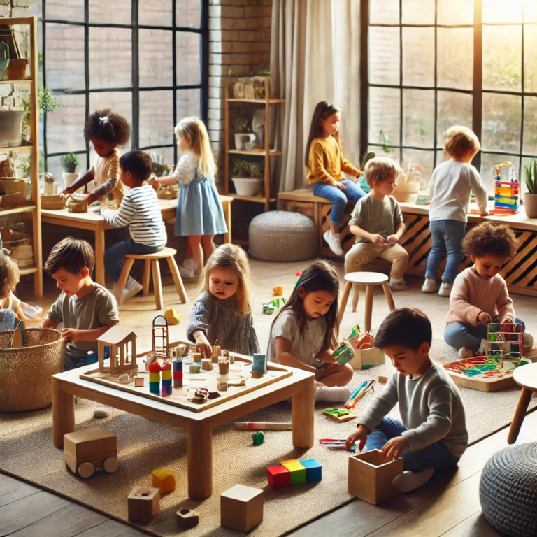 Eine diverse Gruppe von Kindern, Jungen und Mädchen, spielt gemeinsam in einem hellen Raum mit neutralem Spielzeug wie Bauklötzen und Kunstmaterialien. Alle Kinder beteiligen sich an denselben Aktivitäten, was ein gleichberechtigtes und inklusives Spielen fördert.