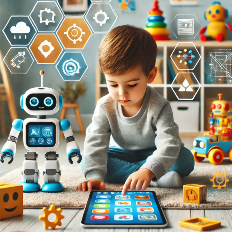 Ein Kind spielt in einem hellen Raum mit modernem Lernspielzeug, darunter ein programmierbarer Roboter und ein interaktives Tablet, die Lern-Apps und Spiele anzeigen. Das Kind zeigt konzentriertes Interesse und erkundet die Technologie in einem ansprechend gestalteten, lehrreichen Umfeld mit weiteren Spielzeugen und Materialien im Hintergrund