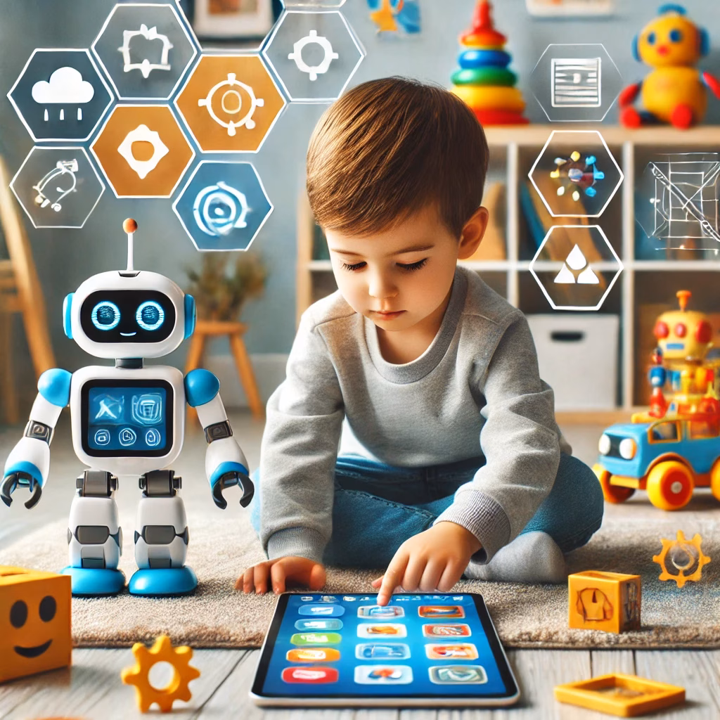 Ein Kind spielt in einem hellen Raum mit modernem Lernspielzeug, darunter ein programmierbarer Roboter und ein interaktives Tablet, die Lern-Apps und Spiele anzeigen. Das Kind zeigt konzentriertes Interesse und erkundet die Technologie in einem ansprechend gestalteten, lehrreichen Umfeld mit weiteren Spielzeugen und Materialien im Hintergrund