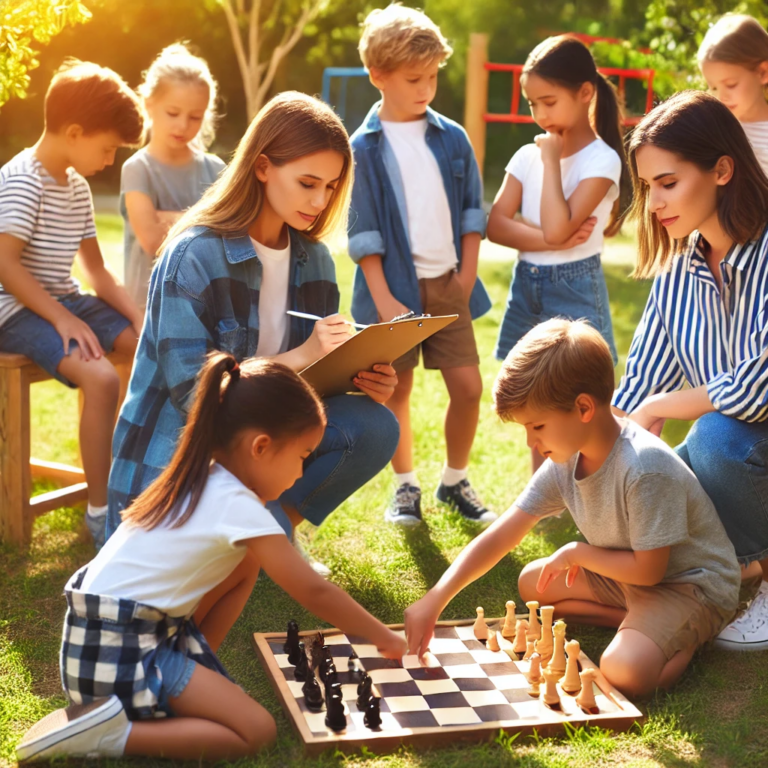 Eine Gruppe von Kindern spielt ein kooperatives und kompetitives Spiel im Freien unter Anleitung einer Spielleiterin, die den Spielverlauf moderiert und bei der Konfliktlösung hilft. Die Kinder arbeiten gemeinsam und treten gleichzeitig in einem freundlichen Wettbewerb gegeneinander an