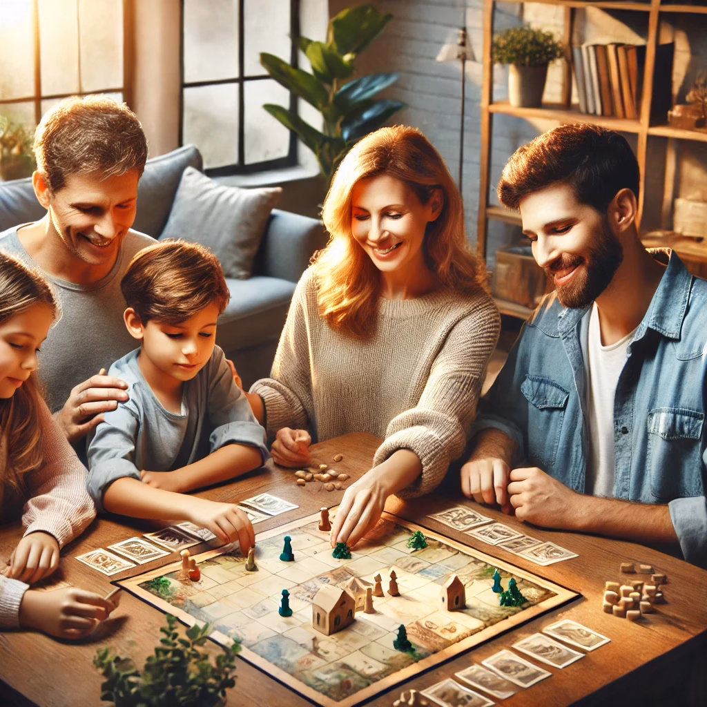 Familie spielt gemeinsam ein kooperatives Brettspiel am Tisch. Eltern und Kinder arbeiten zusammen und zeigen Teamgeist in einer gemütlichen Wohnzimmeratmosphäre.