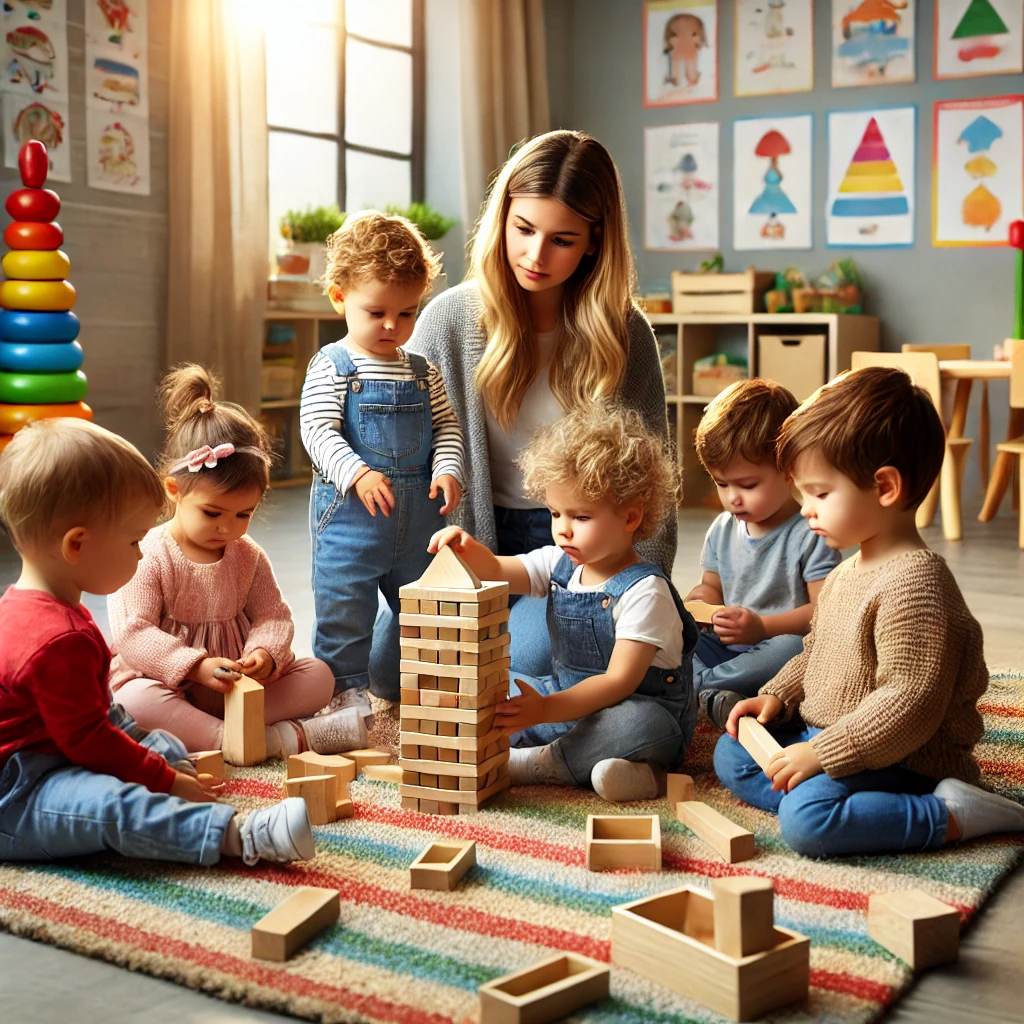 Eine Gruppe von Kleinkindern spielt gemeinsam auf einem bunten Teppich mit Holzbausteinen und Puzzles. Sie lernen Teamarbeit und soziale Fähigkeiten in einer hellen, kindgerechten Umgebung unter Anleitung einer Lehrkraft.