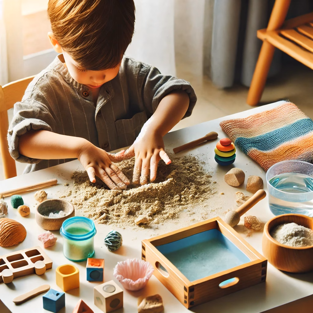 Sensorisches Spielen: Ein Kind sitzt an einem Tisch und beschäftigt sich mit sensorischem Spielen. Es erkundet verschiedene Materialien wie Sand, Wasser und Knete, um den Tastsinn zu fördern. Verschiedene Texturen und Objekte wie Stoff, Blöcke und Werkzeuge liegen auf dem Tisch, während natürliches Licht durch ein Fenster scheint.