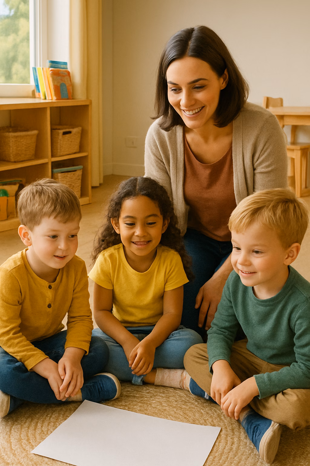 Kinder entwickeln aus Bildern und Gegenständen eine gemeinsame Geschichte