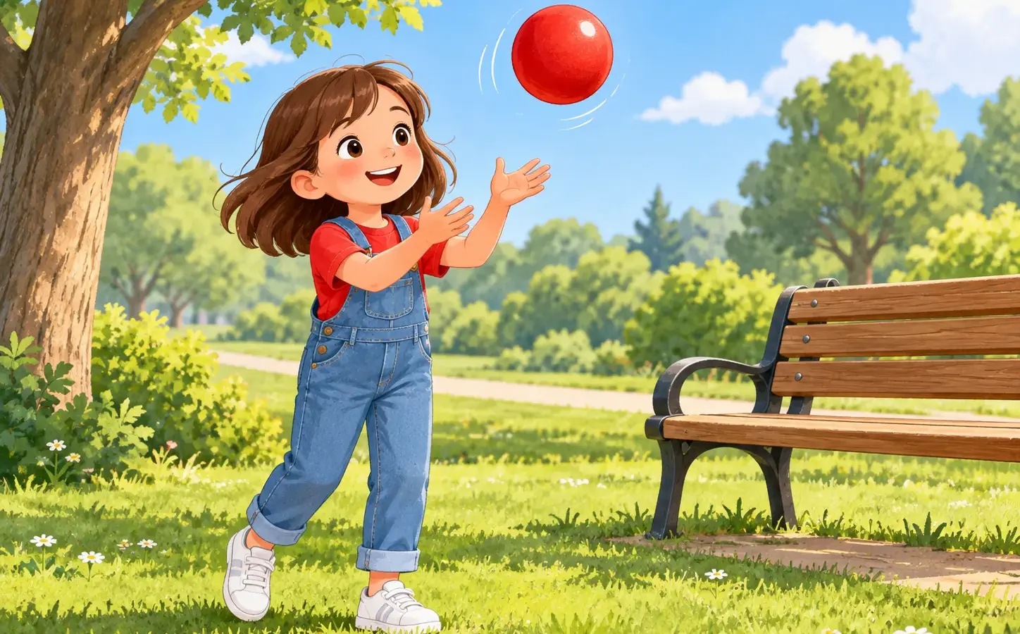 Mila spielt im Park mit einem roten Ball.