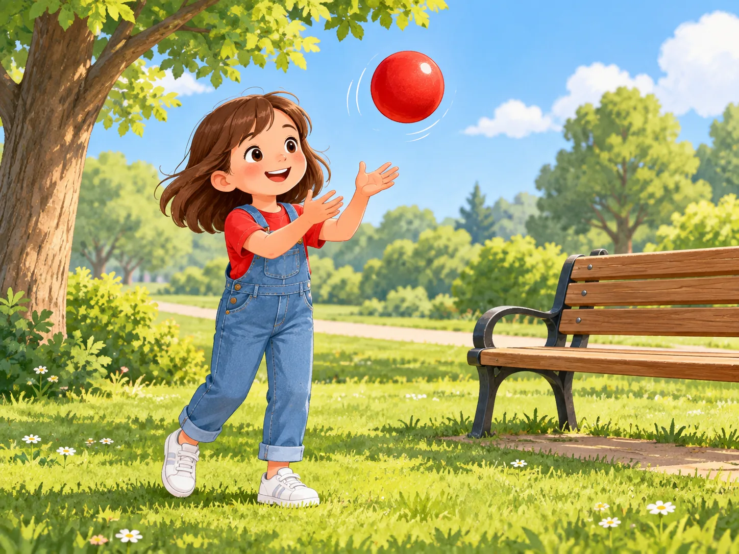 Mila spielt im Park mit einem roten Ball.