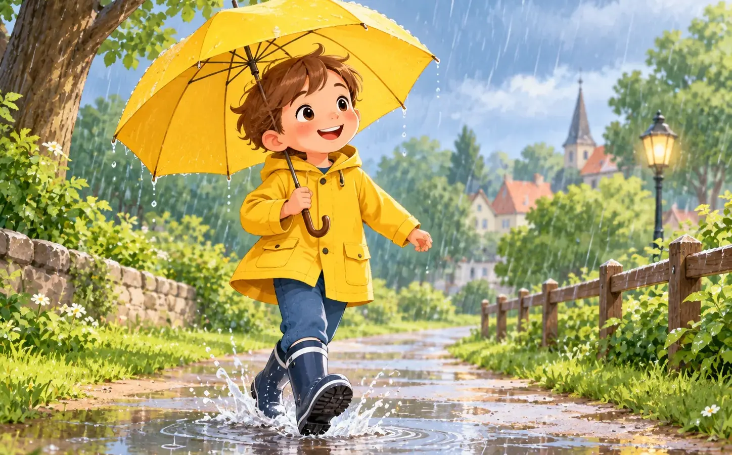 Ben geht mit gelbem Regenschirm durch den Regen.