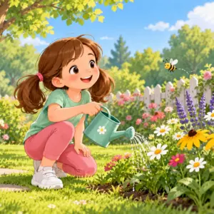 Lina gießt im Garten Blumen und beobachtet eine Biene.