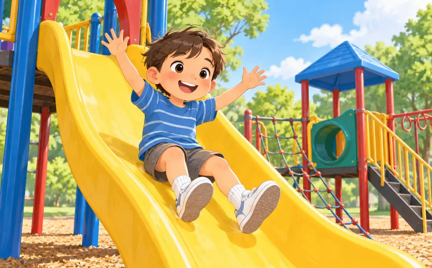 Tom rutscht auf dem Spielplatz eine gelbe Rutsche hinunter.