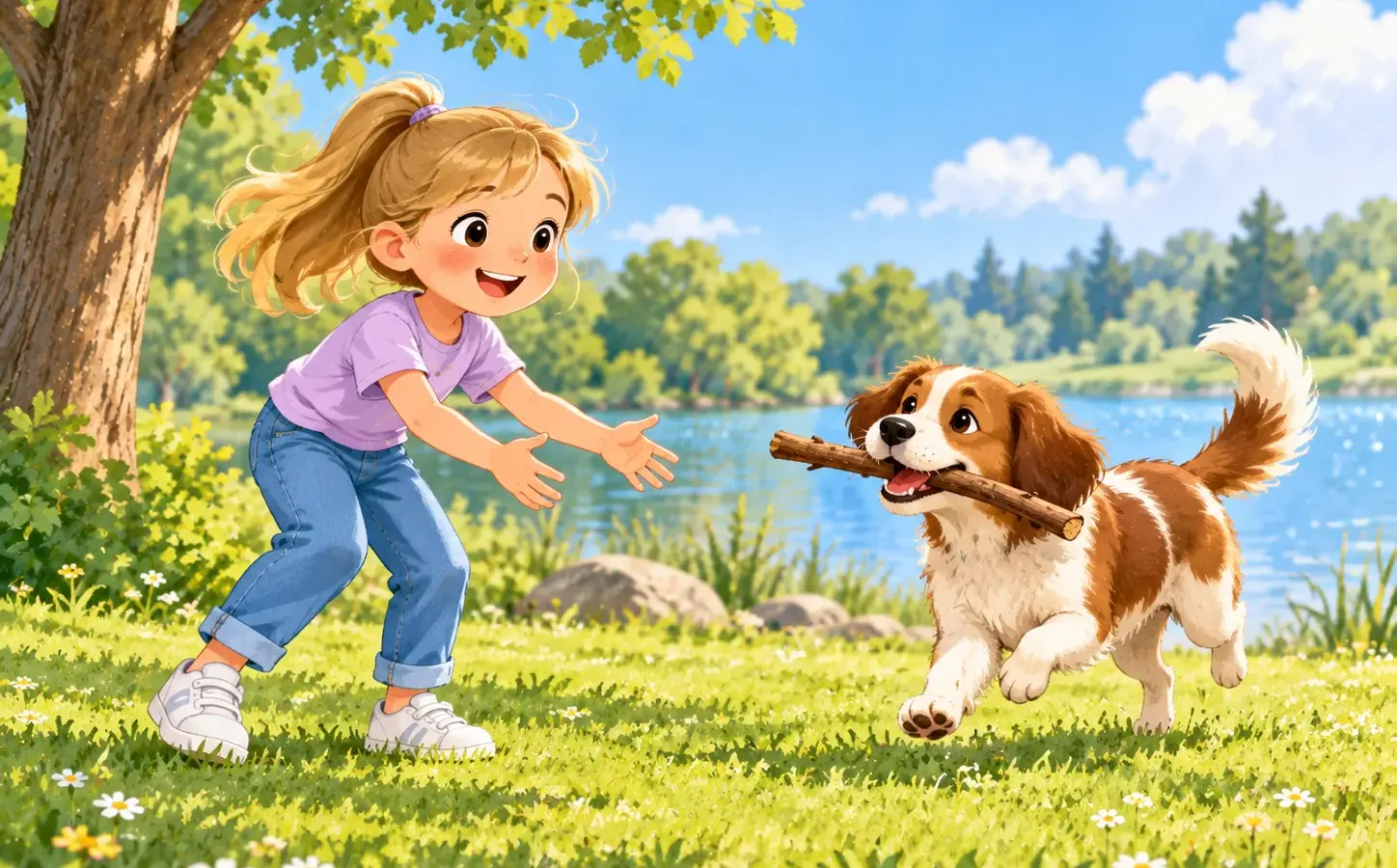 Nele spielt mit Hund Max und einem Stock.