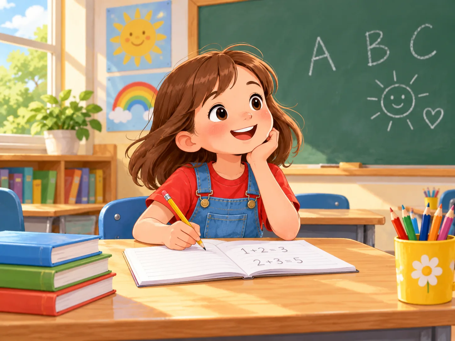 Mila sitzt im Klassenzimmer.