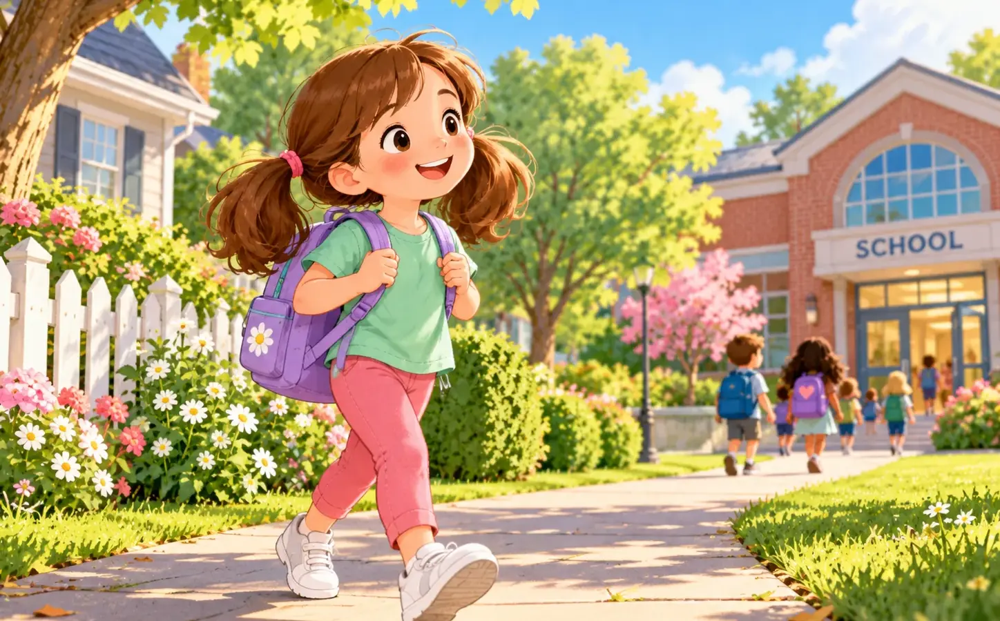 Lina geht mit ihrem Schulrucksack zur Schule.