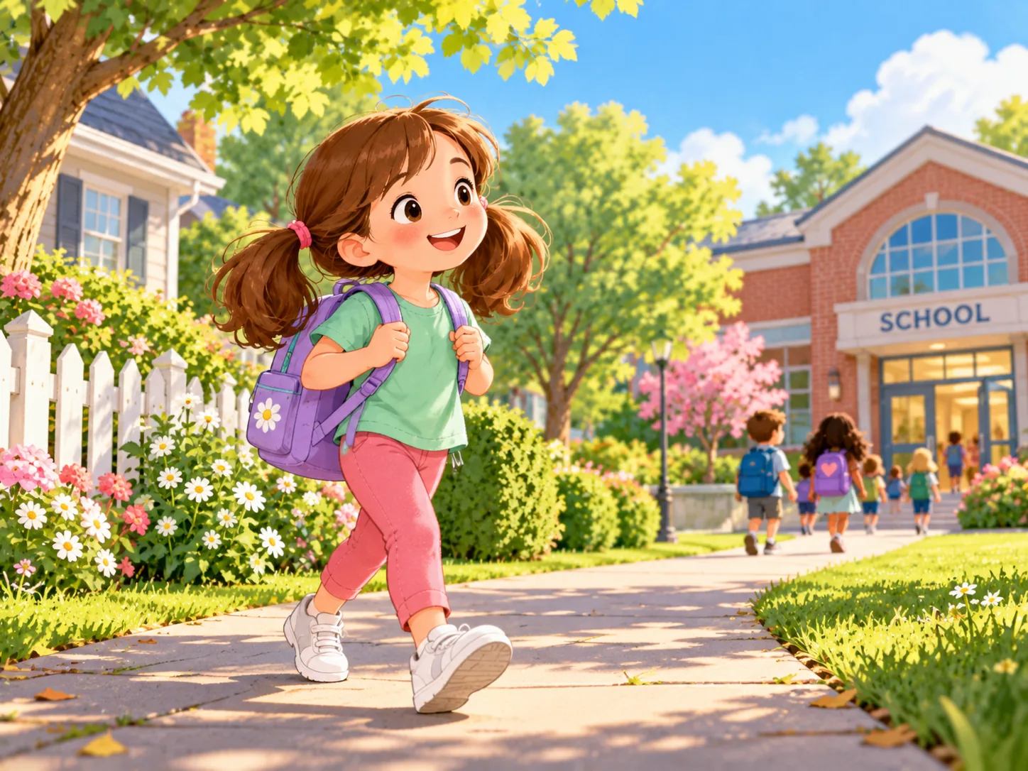 Lina geht mit Schulrucksack zur Schule.