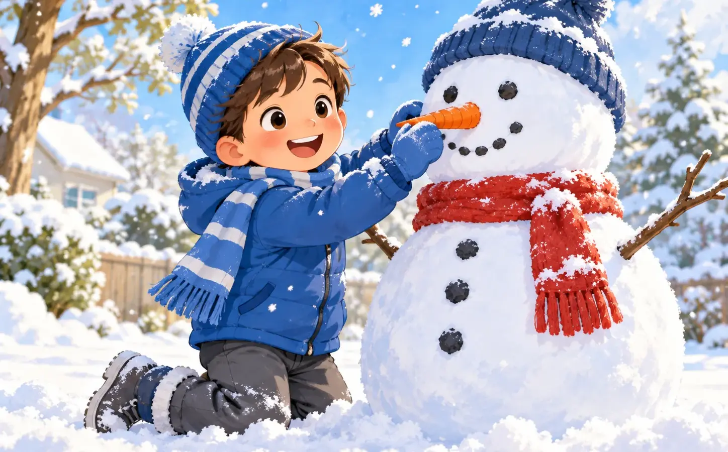 Tom baut im Winter einen Schneemann.