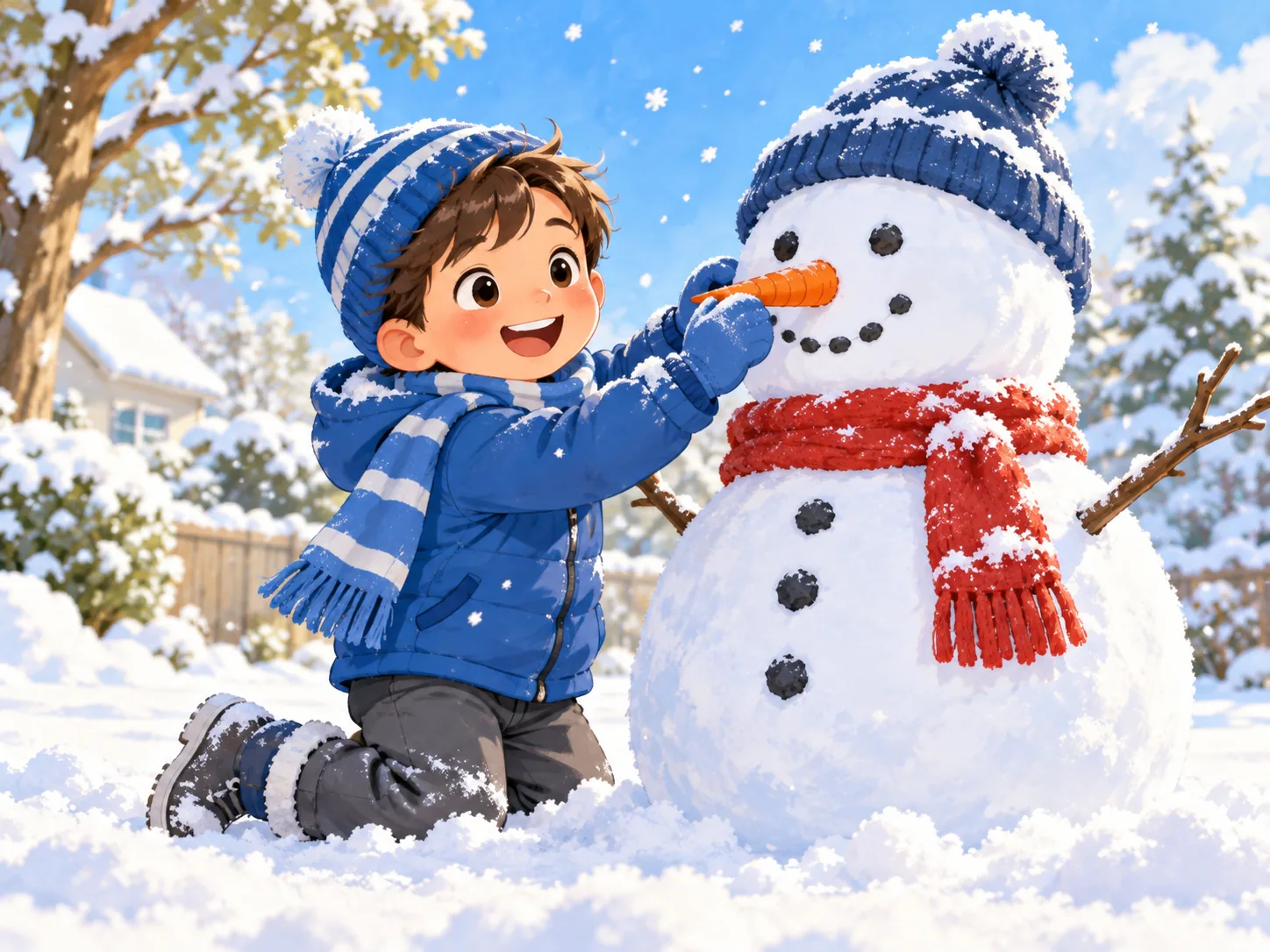 Tom baut im Winter einen Schneemann.