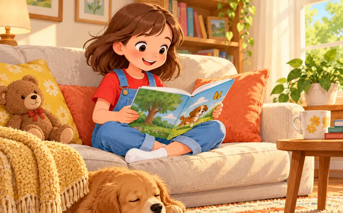 Mila liest zu Hause in einem Buch.