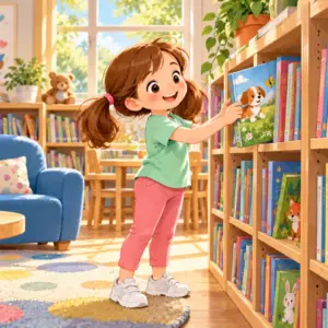 Kind mit Buch in der Bibliothek – Deutsch Klasse 1 Lernhefte