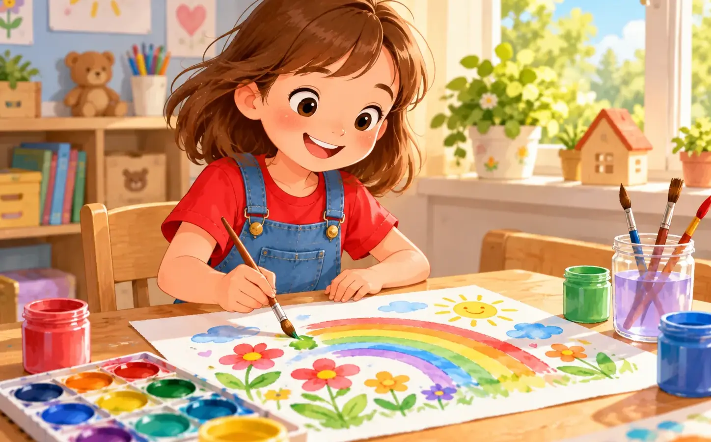 Mila malt einen bunten Regenbogen.