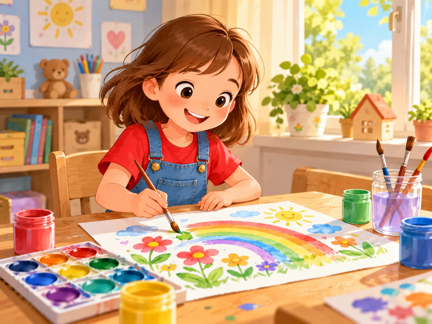Mila malt einen Regenbogen.