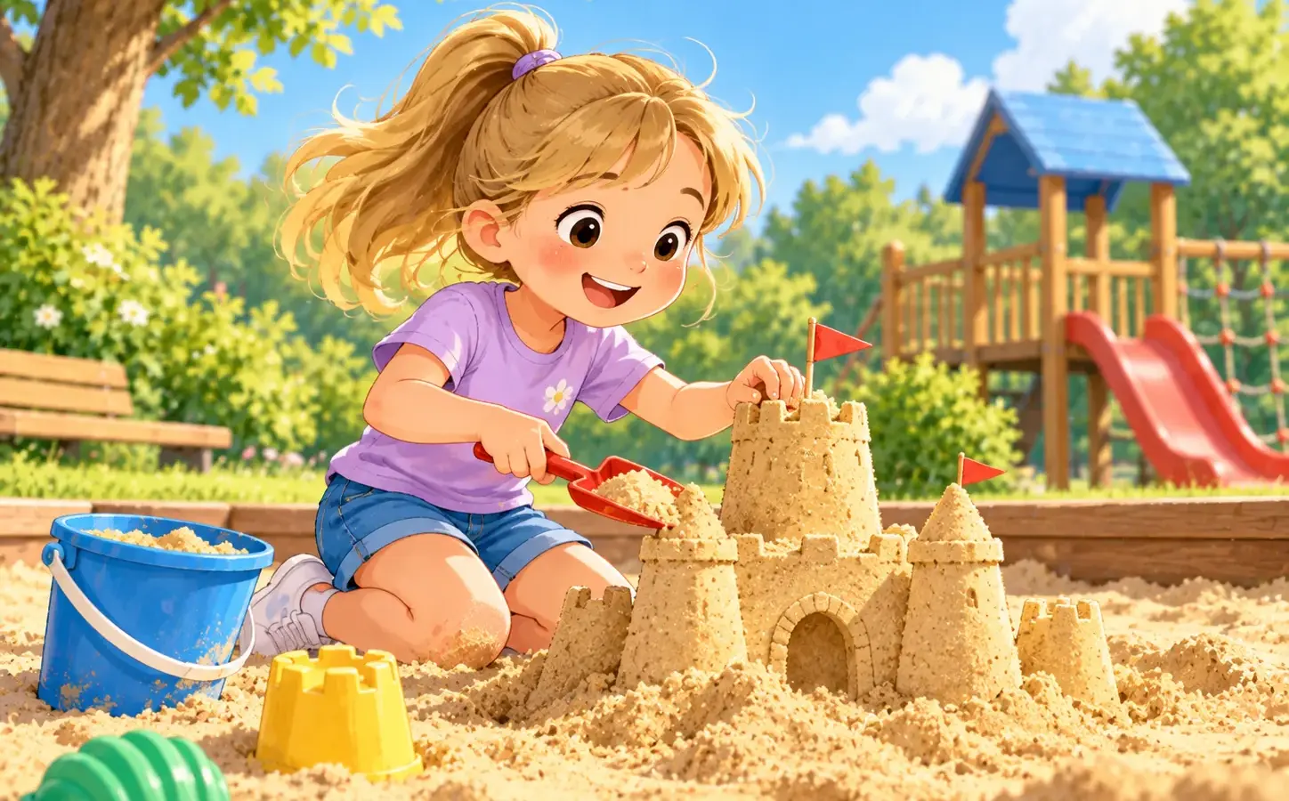Nele baut auf dem Spielplatz eine Sandburg.