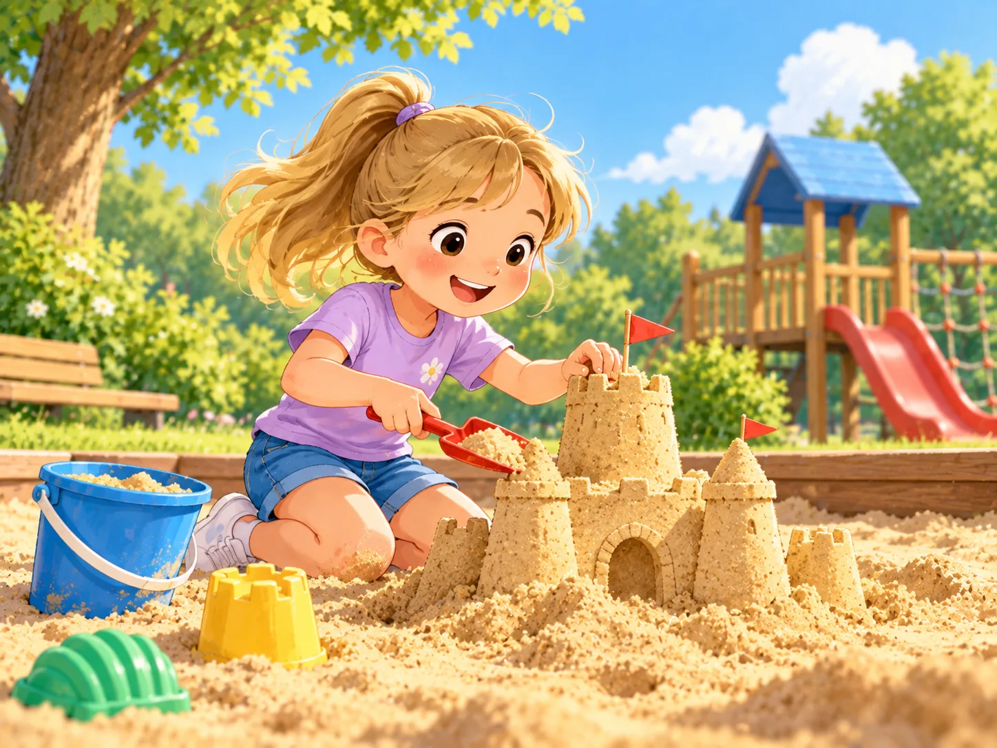 Nele baut eine Sandburg.