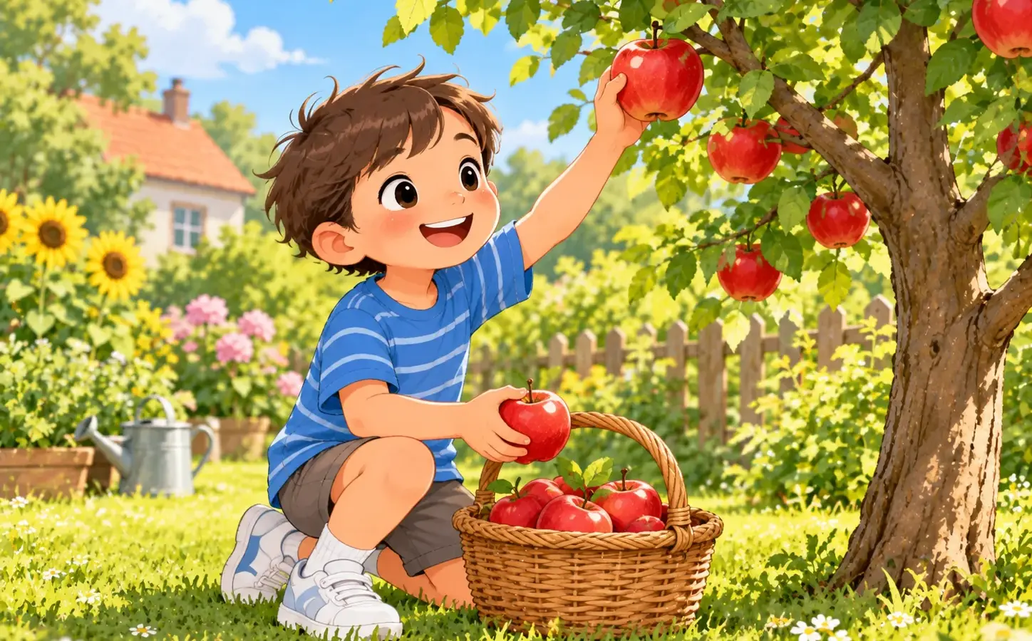 Tom pflückt Äpfel von einem Apfelbaum.