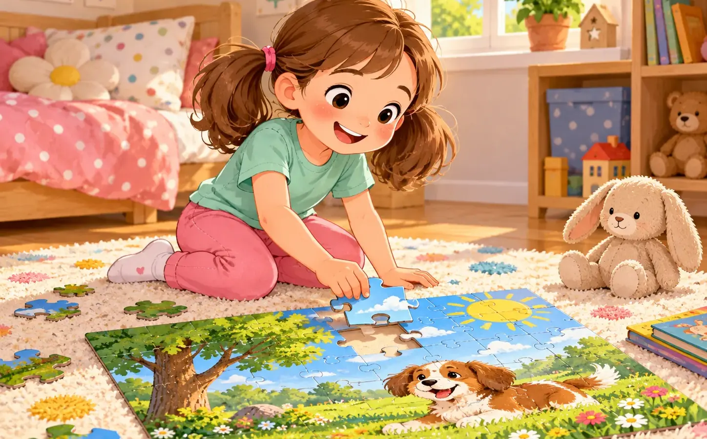Lina legt ein buntes Puzzle.