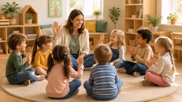 Kinder und Erzieherin begrüßen sich gemeinsam im Morgenkreis im Kindergarten
