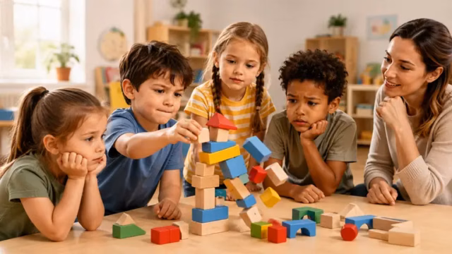 Kinder üben spielerisch Frustrationstoleranz beim gemeinsamen Bauen mit Bausteinen