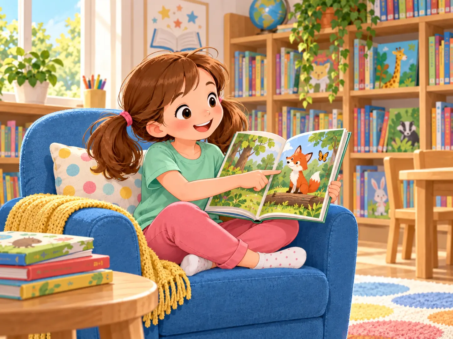 Lina liest in der Schulbibliothek ein Kinderbuch.