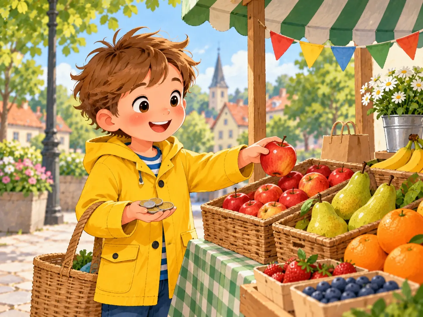 Ben kauft auf einem kleinen Spiel-Markt Obst und hält Münzen in der Hand.