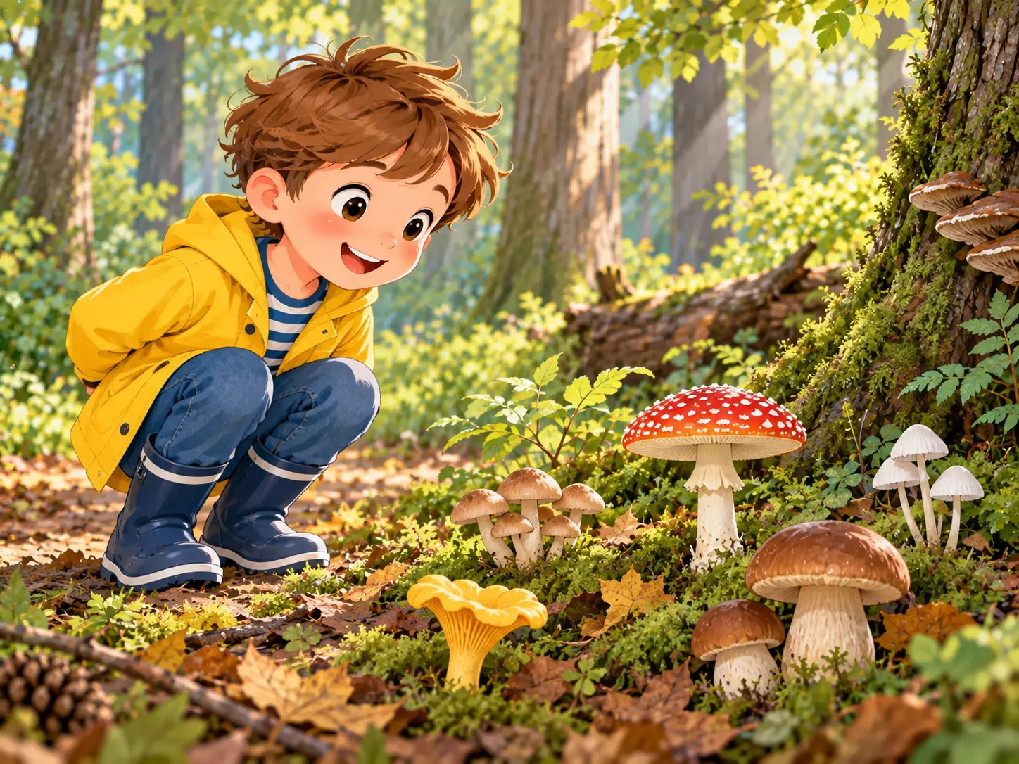 Ben betrachtet Pilze im Wald ohne sie anzufassen