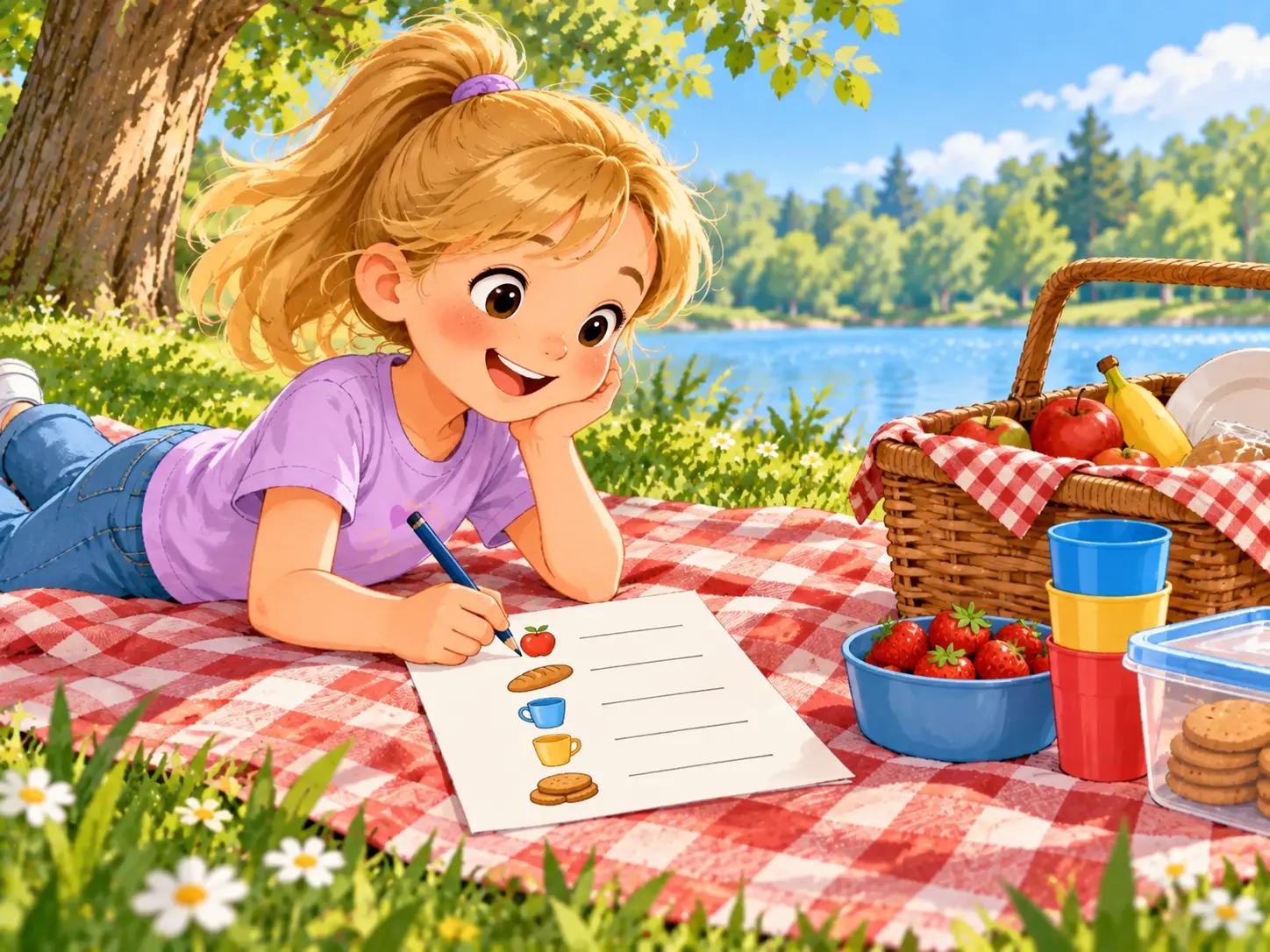 Nele schreibt auf einer Picknickdecke eine Einkaufsliste für ein Klassenfest.