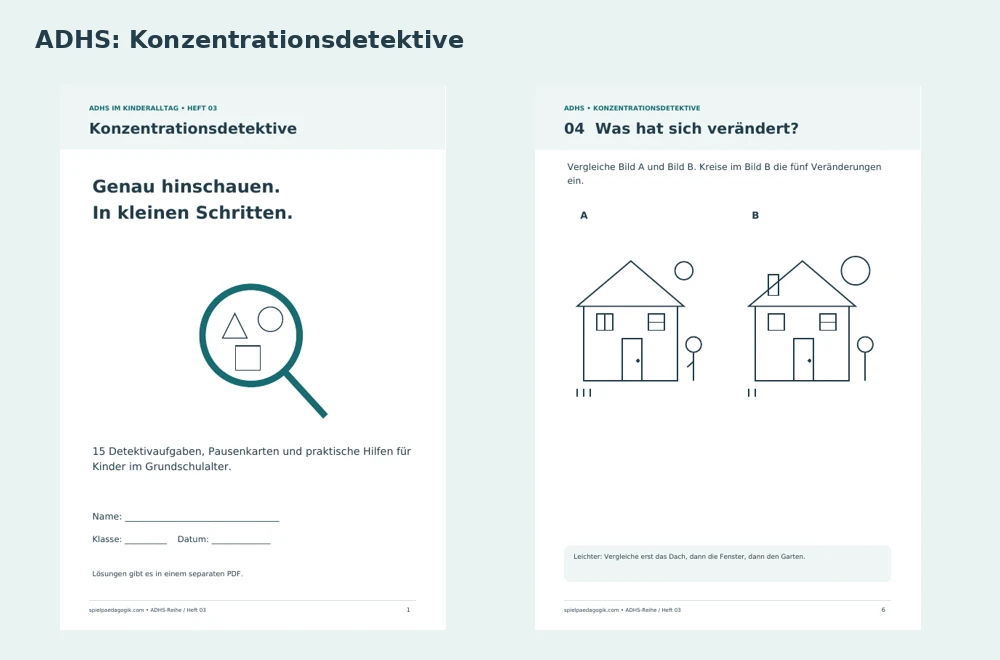 Vorschau des Lernhefts ADHS-Konzentrationsdetektive mit Titelseite und Hausbildern zum Vergleichen