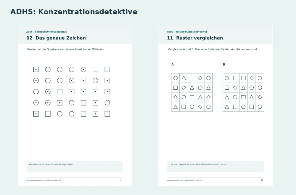 Beispielseiten: Quadrate mit Punkt suchen und Formenraster vergleichen