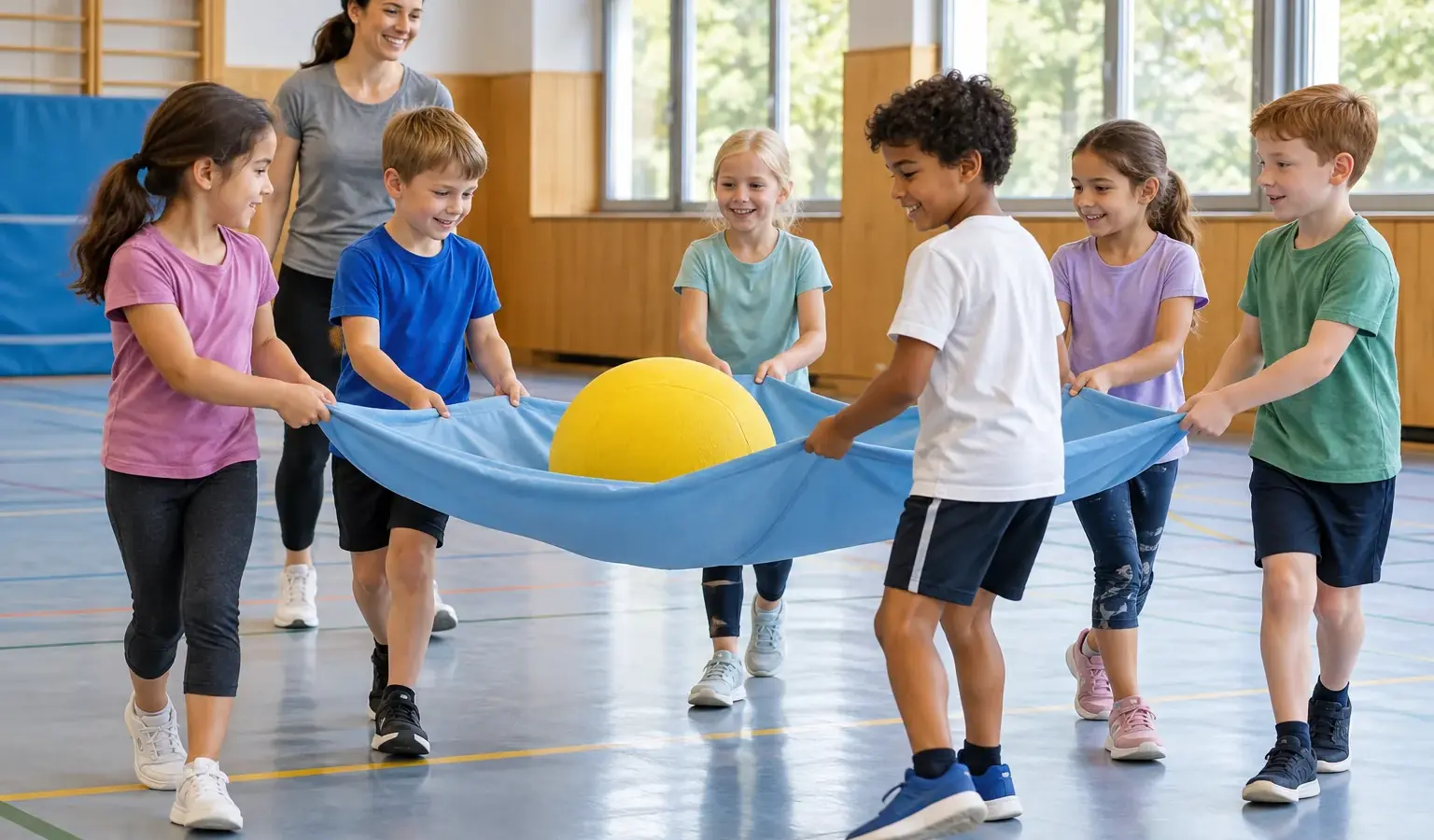 Sechs Grundschulkinder transportieren gemeinsam einen weichen Ball auf einem Tuch in der Sporthalle