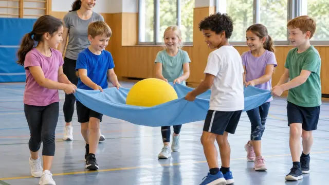 Sechs Grundschulkinder transportieren gemeinsam einen weichen Ball auf einem Tuch in der Sporthalle