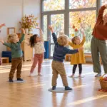 Kinder bewegen ihre Arme wie Baumzweige während einer Herbstbewegungsgeschichte im Kindergarten.