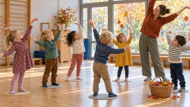 Kinder bewegen ihre Arme wie Baumzweige während einer Herbstbewegungsgeschichte im Kindergarten.