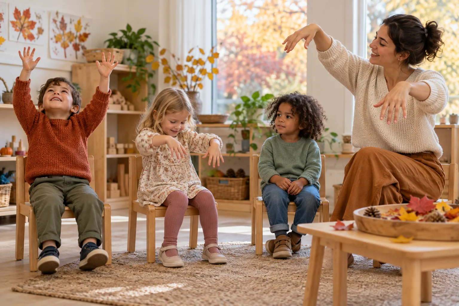 Kinder zeigen fallende Blätter mit Handbewegungen im Stuhlkreis.