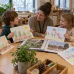 Kita-Kinder betrachten mit einer Fachkraft gemeinsame selbst gemalte Erinnerungsbilder