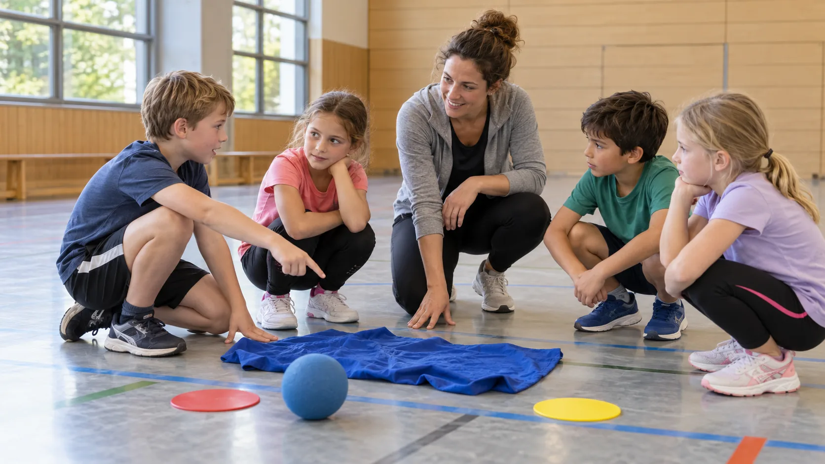 Kinder besprechen mit ihrer Lehrkraft eine gemeinsame Aufgabe mit Tuch und Ball in der Sporthalle