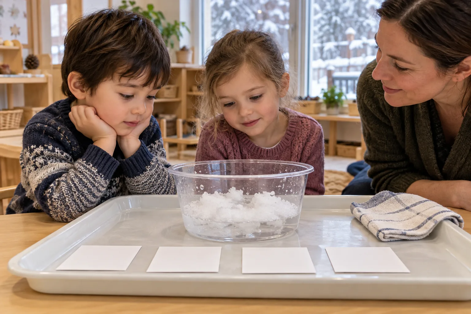 Zwei Kinder beobachten mit einer pädagogischen Fachkraft Schnee in einer Kunststoffschale auf einem Tablett