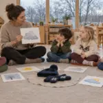Kindergartenkinder betrachten im Winter-Morgenkreis Wetterbilder sowie Mütze und Handschuhe