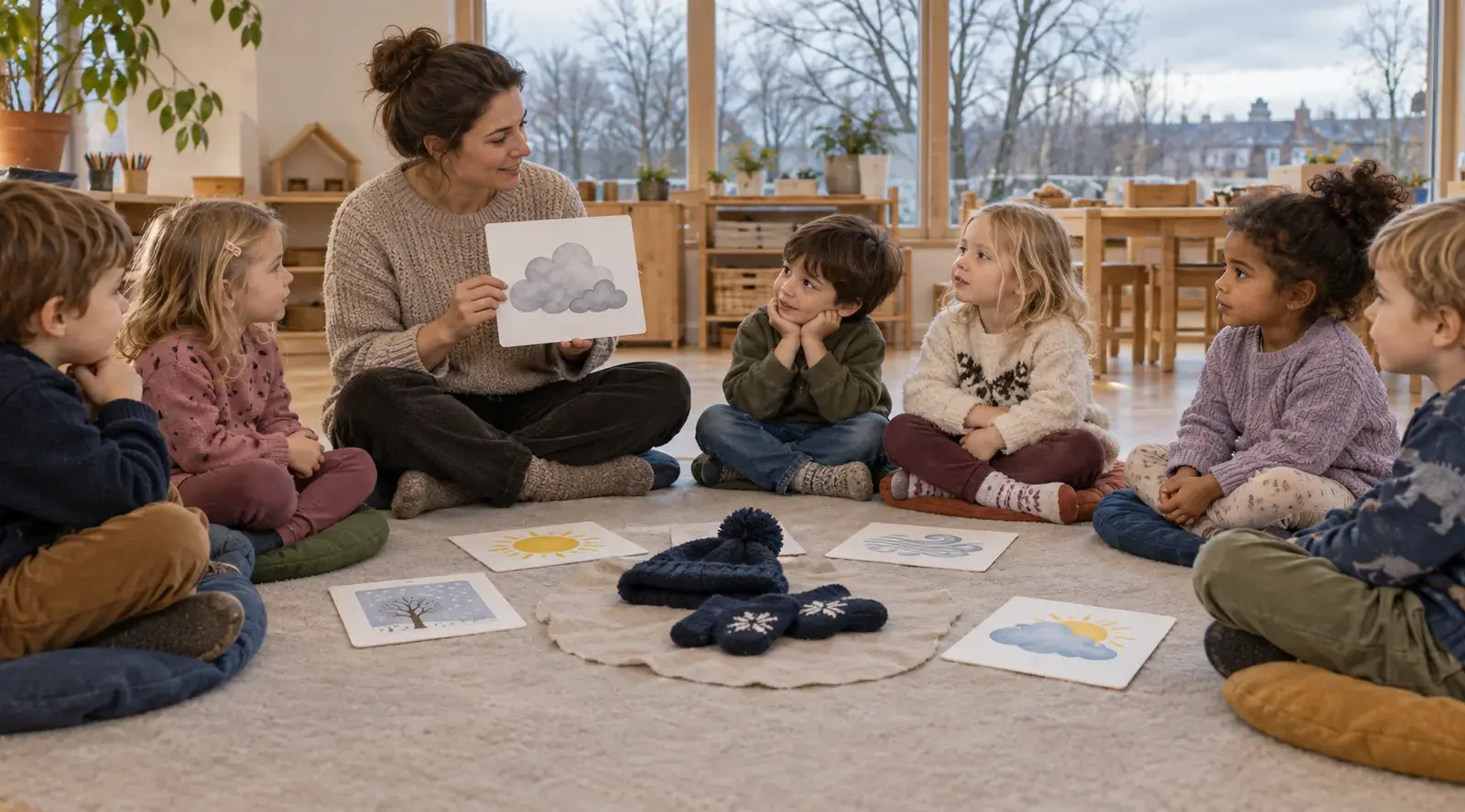 Kindergartenkinder betrachten im Winter-Morgenkreis Wetterbilder sowie Mütze und Handschuhe